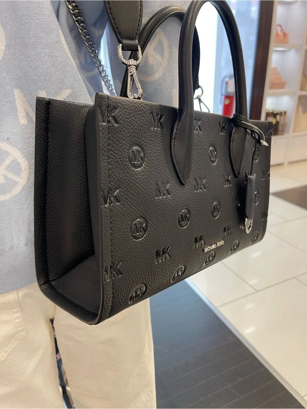 Michael Kors Mirella Md Logo Debossed EW Top Zip Satchel Shoulder Tote Black NWT